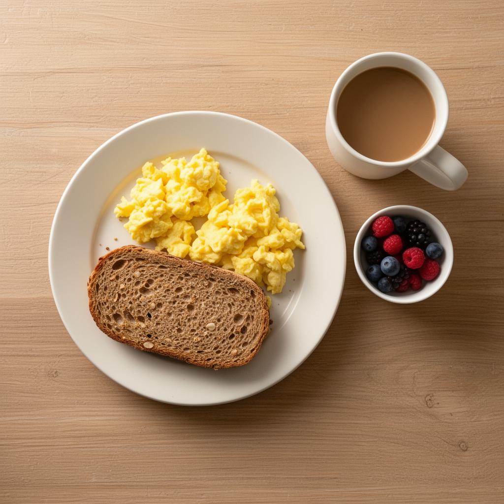 Plate with eggs, whole-grain toast and berries beside a coffee mug