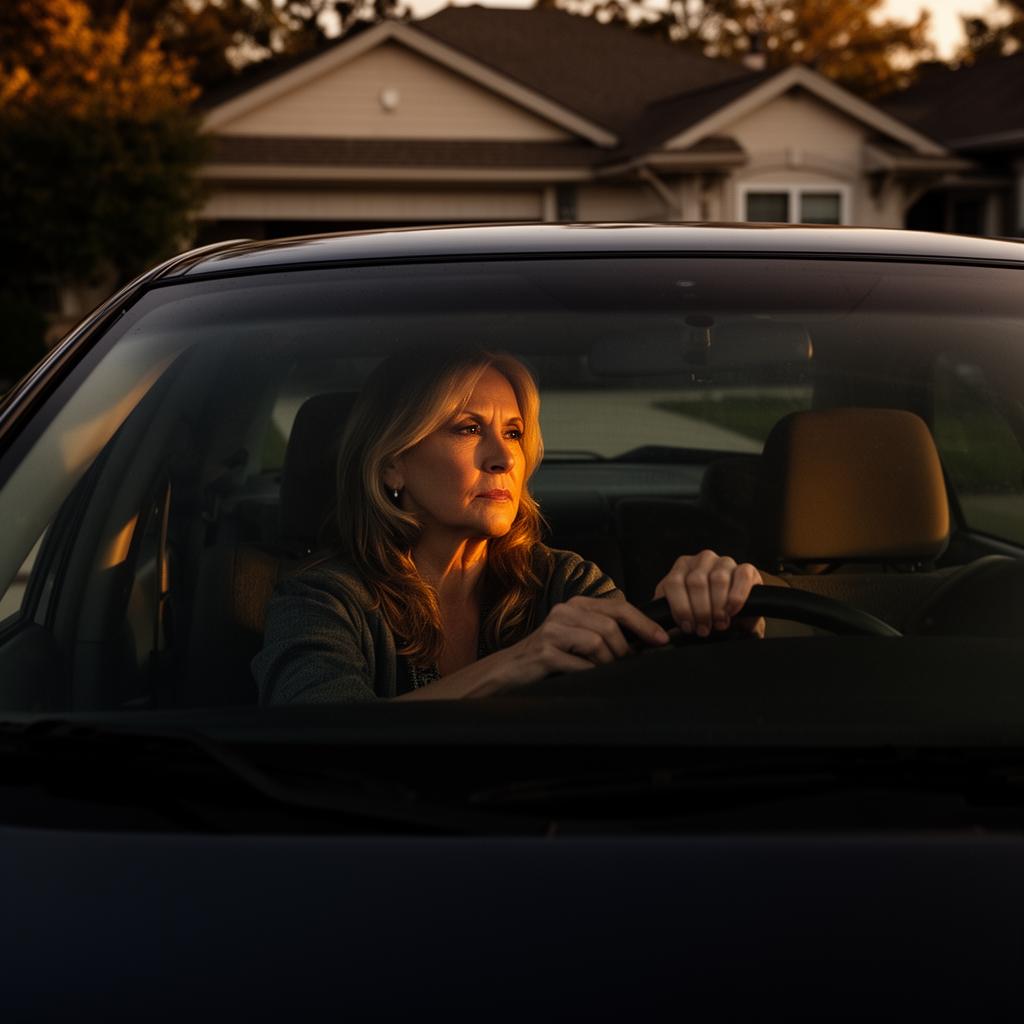 Margaret sitting in her parked car in the driveway at dusk