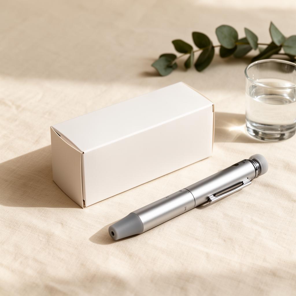 A small unbranded prescription box and injector pen on a linen surface