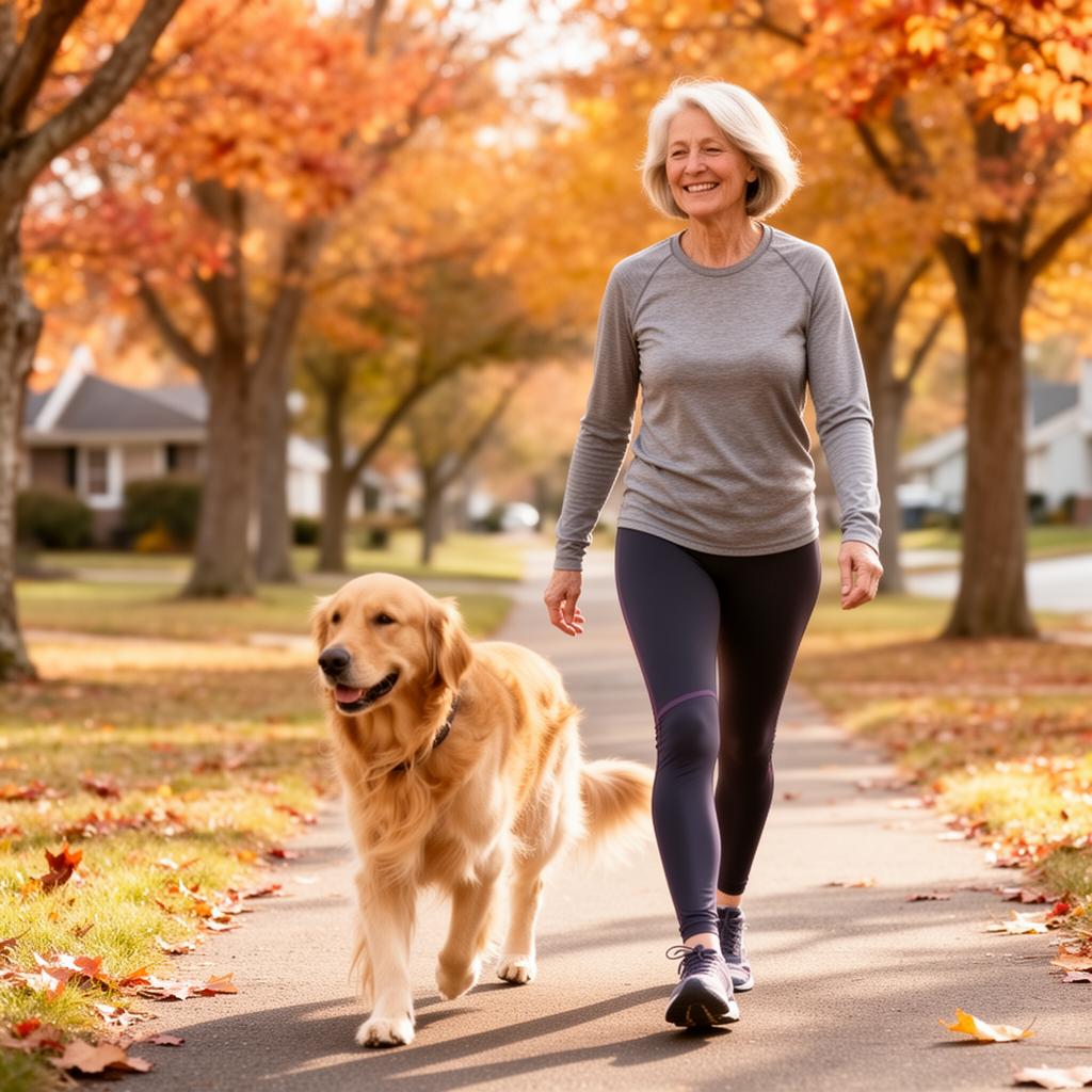 Margaret walking her golden retriever on a tree-lined autumn path